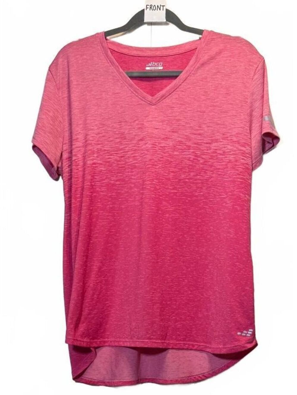 BCG Women's Pink Heathered V-Neck Athletic Top High Low Hem Short Sleeve